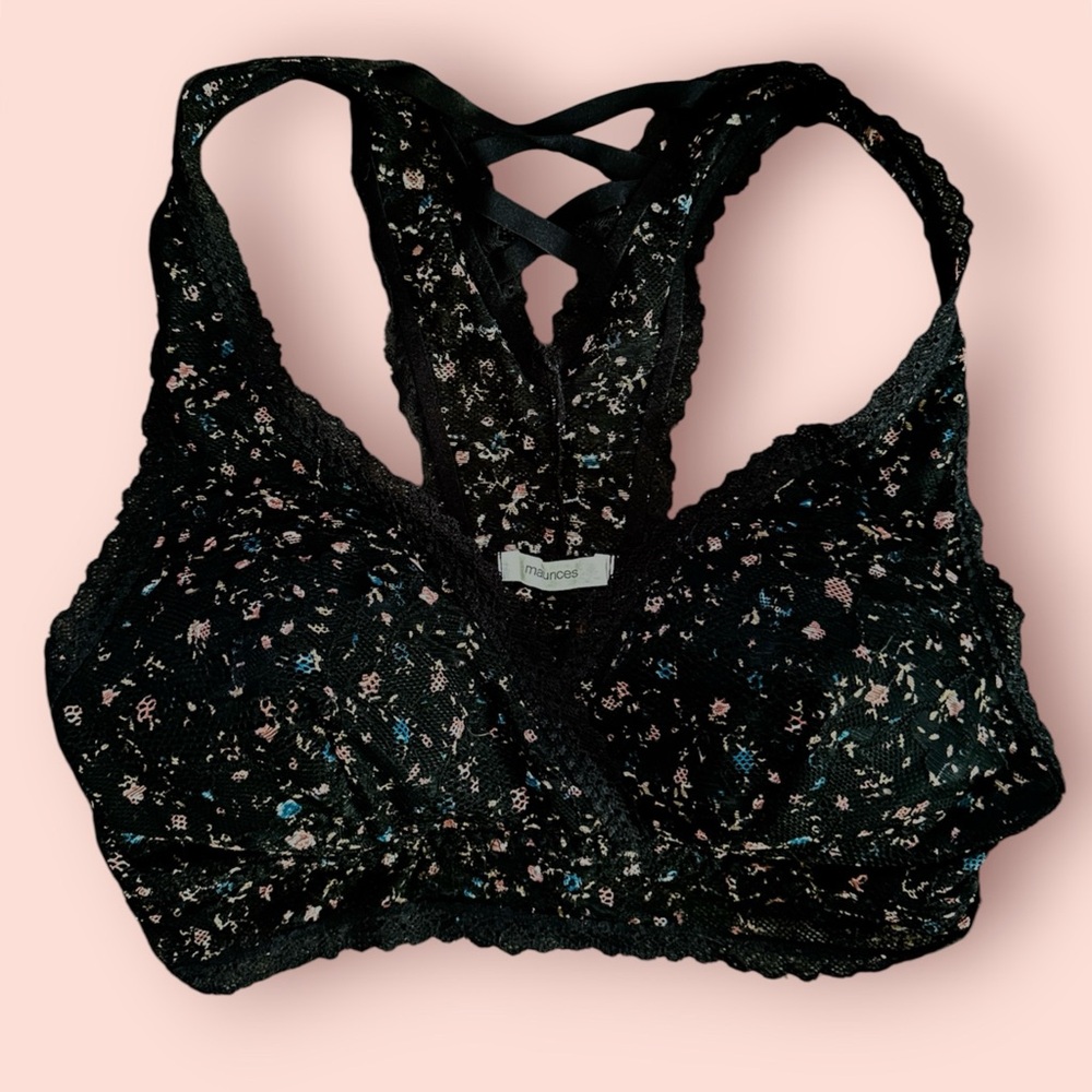 Maurices Black Floral Lace Trim Cross Strap Back Bralette Size Medium
